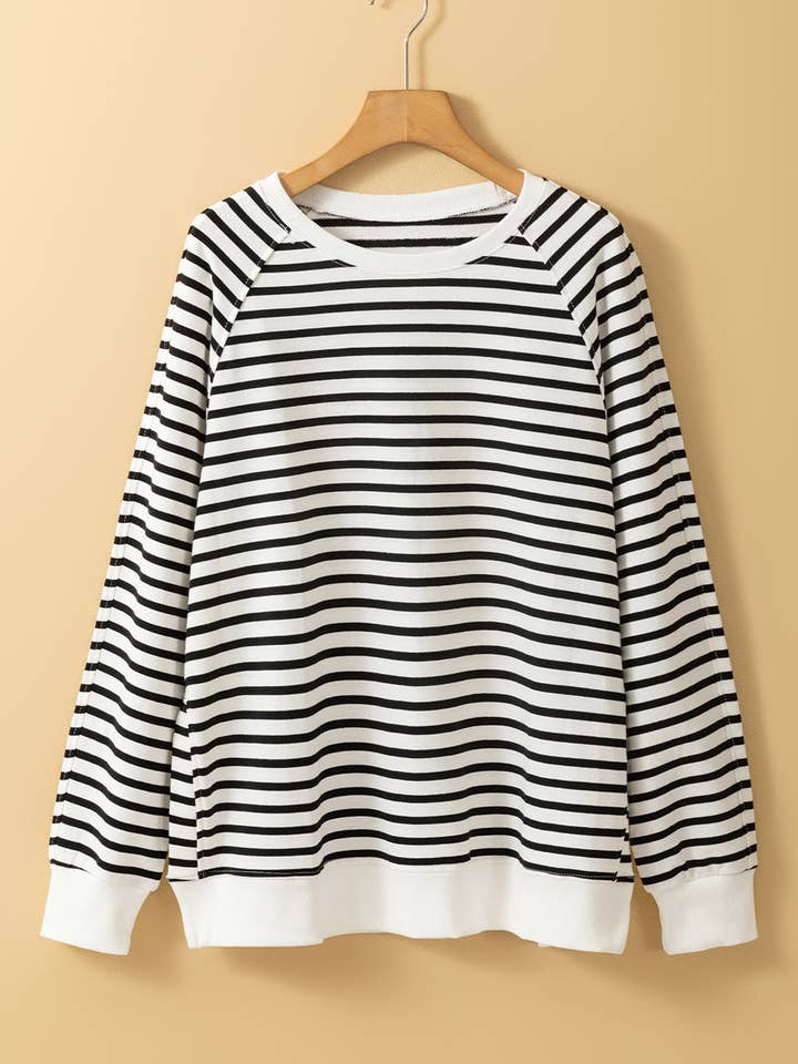 Black Stripe Raglan Sleeve Side Slits Loose Sweatshirt for wholesale on Faire