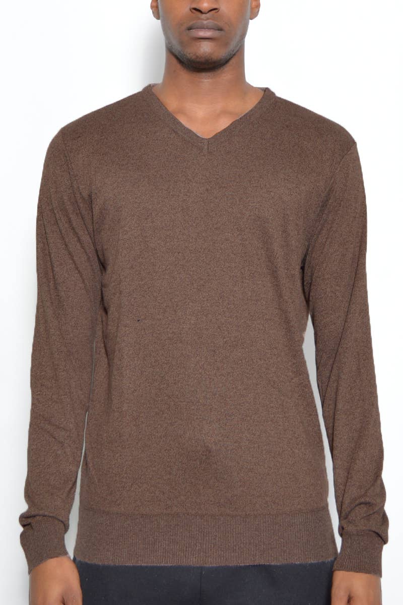 WEIV - Wholesale Knit Sweater - Men's - Mens Solid V Neck Sweater - Brown1