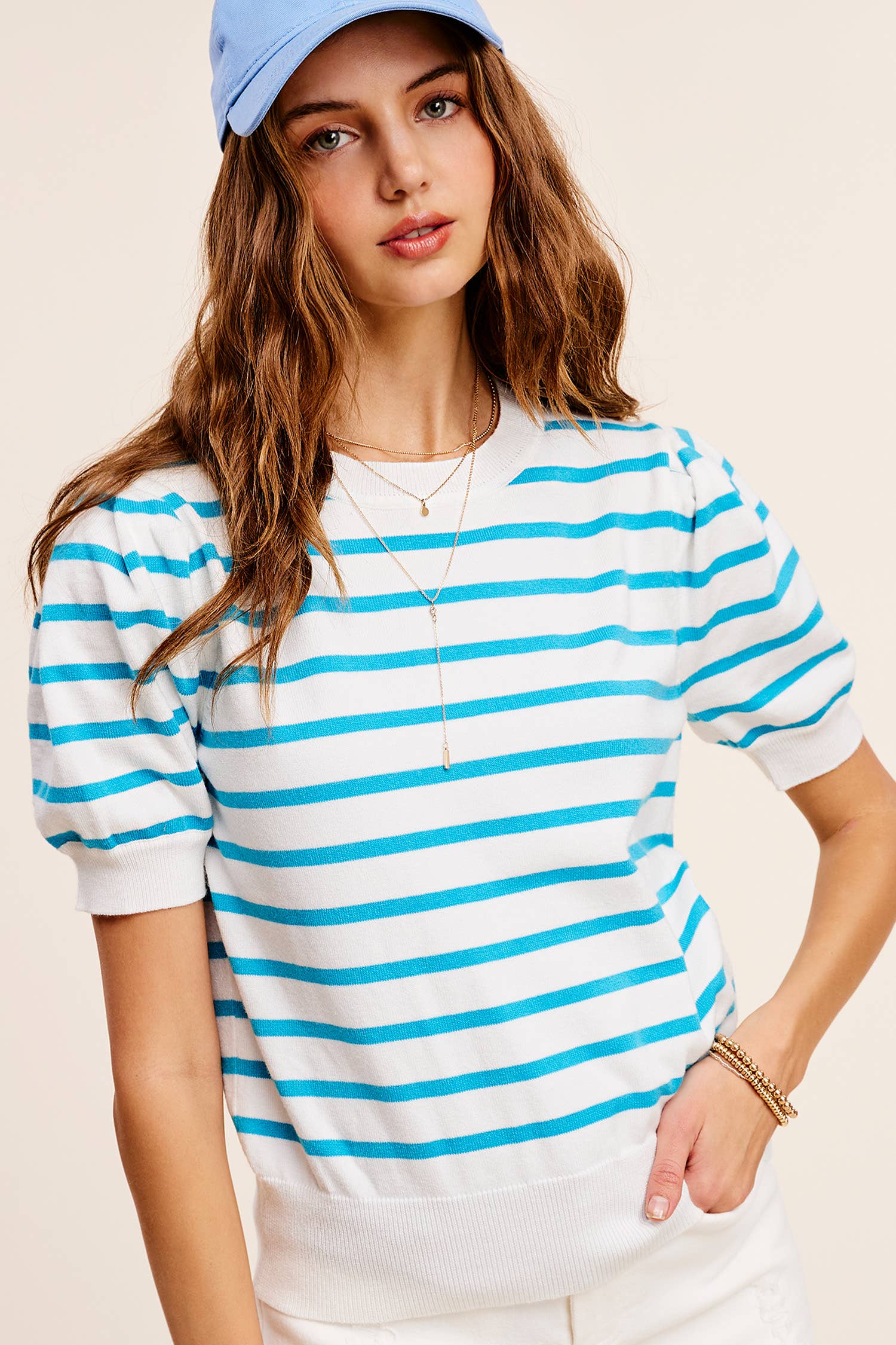 La Miel – Engroshandel Strikket top - Dame – JCS3562-letvægts Puff kortærmet stribet stribet top1