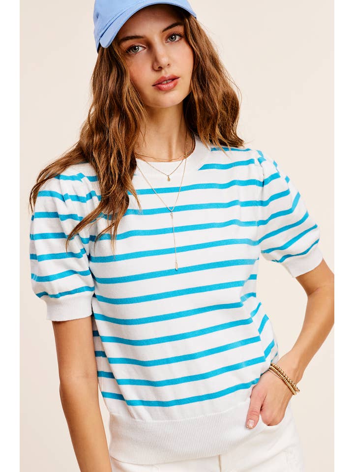 La Miel - Wholesale Knit Top - Women's - JCS3562-Lightweight Puff Short Sleeve Stripe Knit Top1
