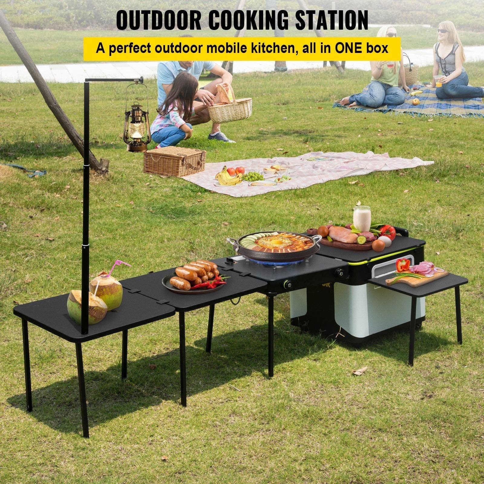 Hard Rock Health Stores - Wholesale Outdoor Grill Tools - VEVOR Outdoor Mobile Kitchen, Portable Multifunctional Camp Box with Wheels All in One Integrated Cooking Station with Windproof Stove, Folding Tables Storage Organizer, Black1
