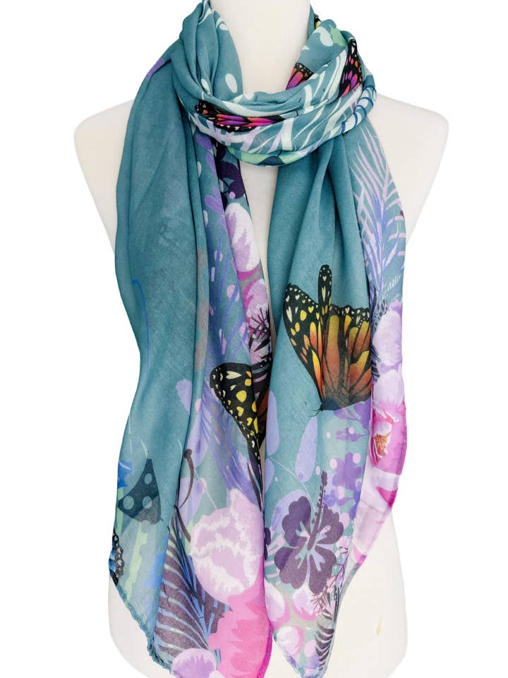 Écharpe à papillons et fleurs Aqua-Multi JC071178 pour la vente par JC Sunny Fashion