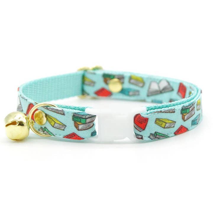 "Book Lover - Blue" - Bookstore & Library Book Cat Collar for wholesale by Made By Cleo