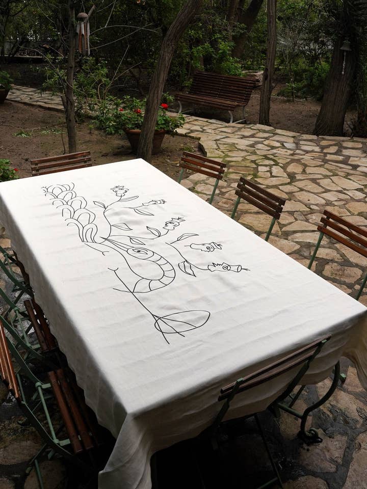 Mantel de lino bordado 150x250 cm ASFOUR – Hecho a mano en Túnez para venta al por mayor de LA FIBRE ARTISANALE