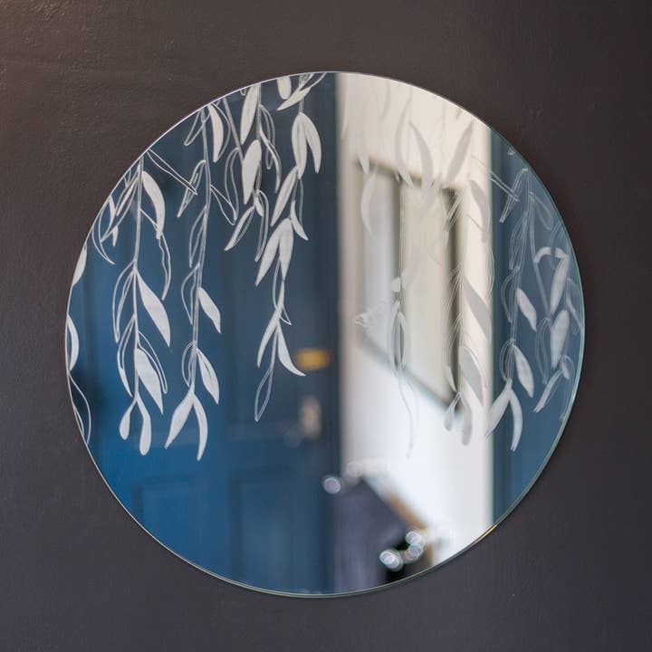 Willow & Red Admiral Patterned Round Wall Mirror, 60cm for wholesale by Emma Britton Decorative Glass Designer