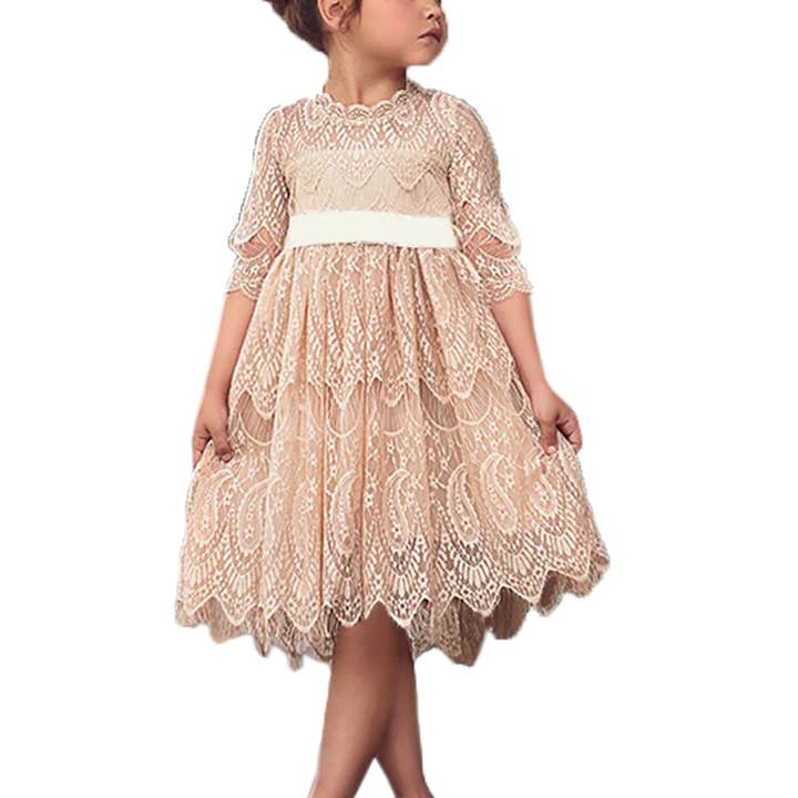 Fennco Styles - Wholesale Dress - Kids - Beige Vintage Lace 3/4 Sleeve A-Line Girl Dress 0