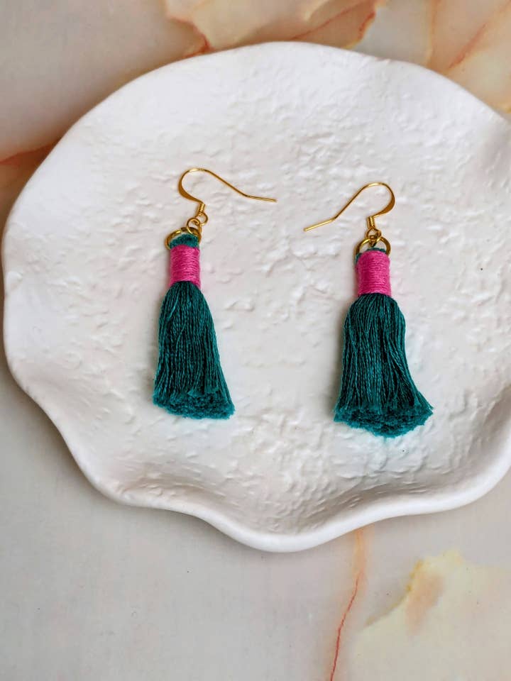 "Nova Mini" Aqua & Pink 2 Colour Tassel Earrings for wholesale by Created By Lau