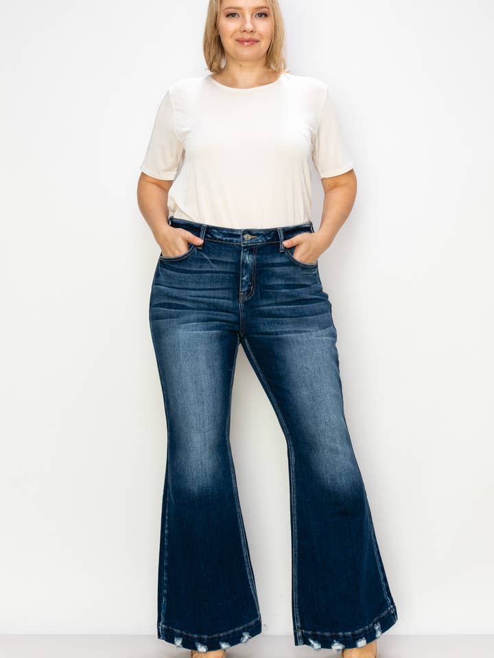ARTEMIS VINTAGE - Wholesale Jeans - Women's - PLUS SIZE MID RISE SUPER FLARE W/ DISTRESSED WIDE HEM JEANS