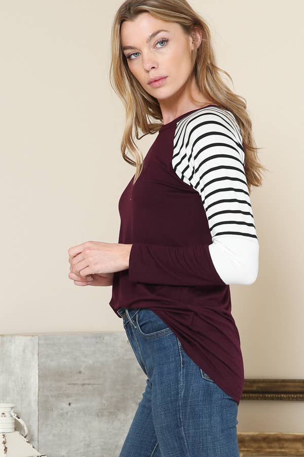 Burgundy Apparel - Wholesale Knit Top - Women's - STRIPE SLEEVE CONTRAST BASEBALL TOP10