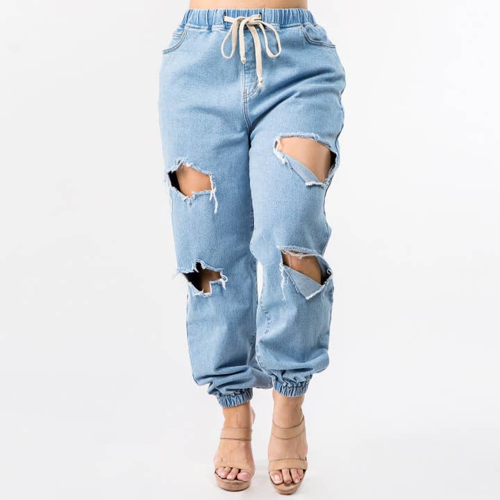 American Bazi - Wholesale Jeans - Women's - PLUS SIZE HIGH WAIST CUT OUT DENIM JOGGERS-RJJ8398P