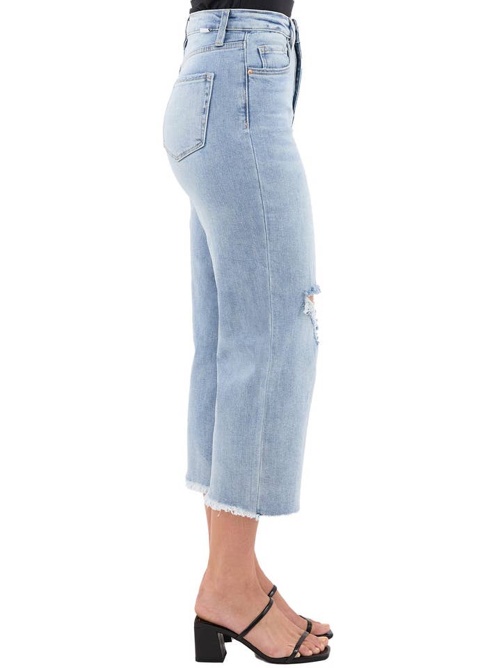 Ripped Light Wash Chloe High Rise Wide Leg Cropped Frayed Jeans for wholesale on Faire1