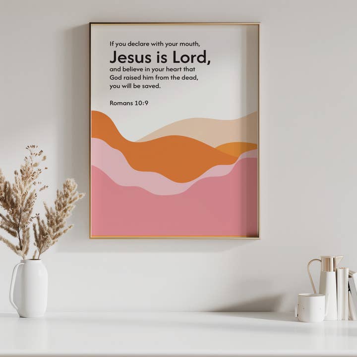 Romans 10:9 modern colorful Christian art print for wholesale by Praise and Gratitude