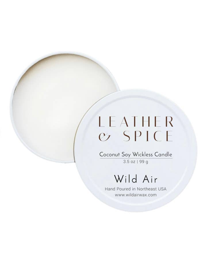 Leather + Spice Wickless Candle 3.5 oz for wholesale by Wild Air