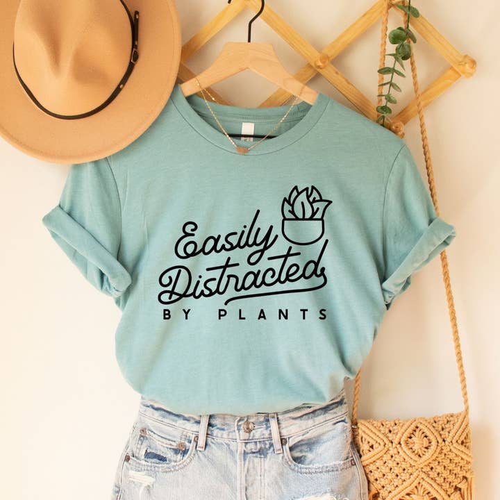 Easily Distracted By Plants Dusty Blue Tee for wholesale by Simply Tees