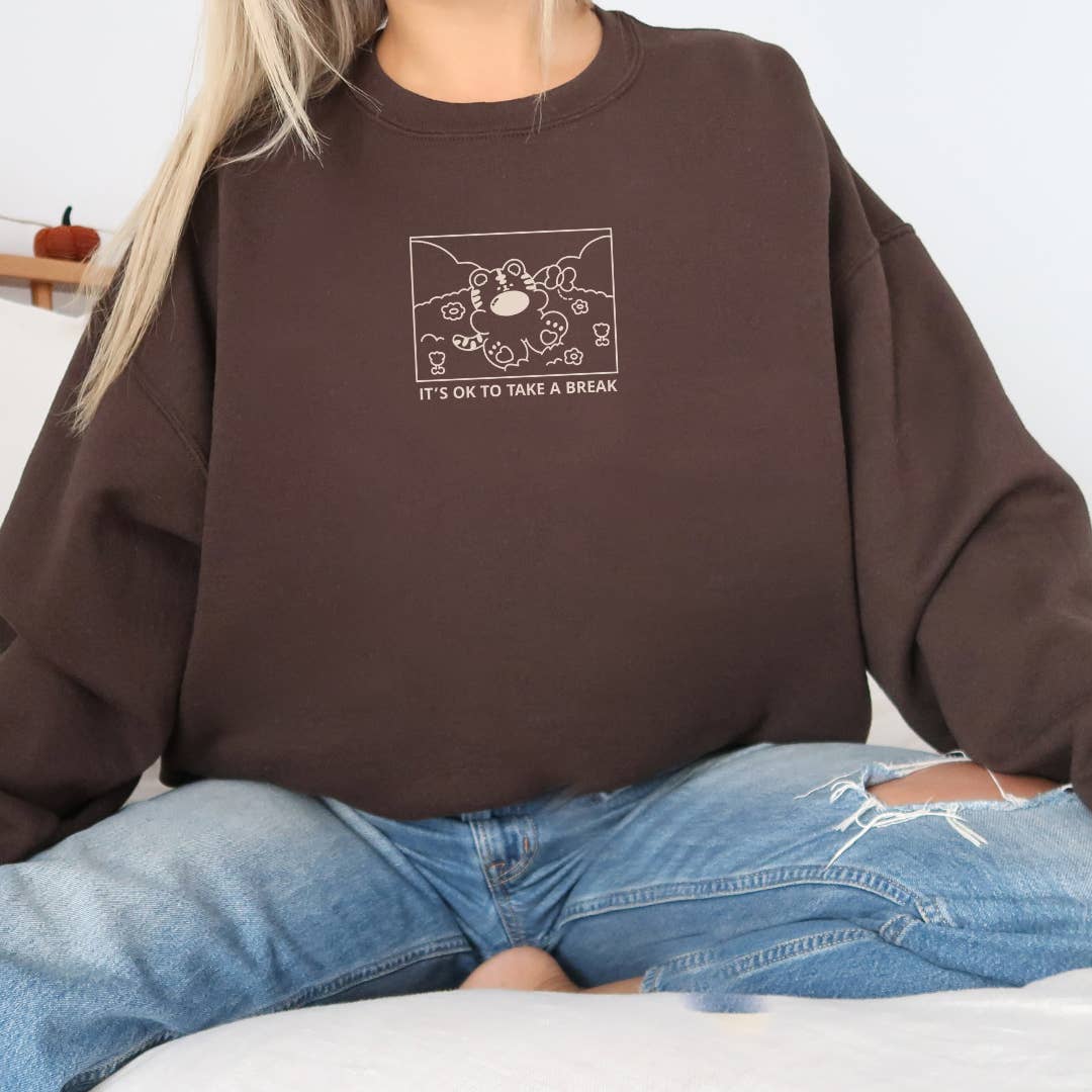 Brown It’s OK to Take a Break – Lightweight Embroidered Sweatshirt for wholesale on Faire