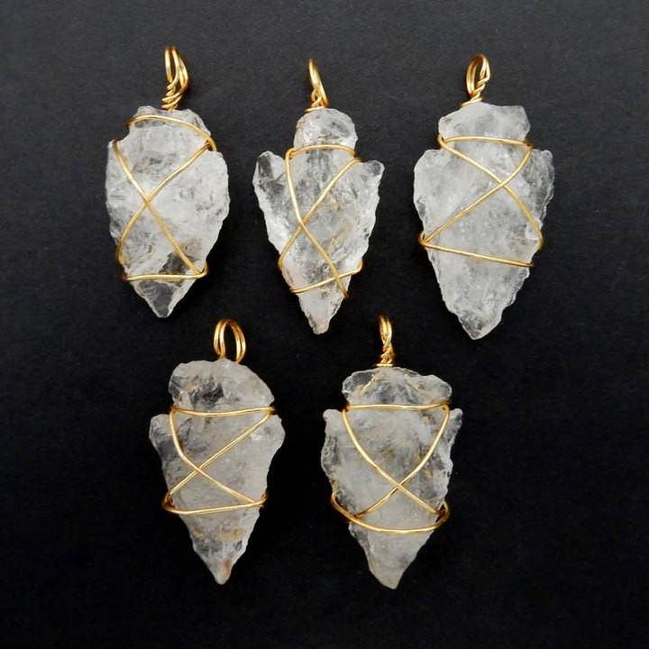 Rock Paradise - Wholesale Individual Charm/Pendant - Crystal Quartz Arrowhead Pendant Wire Wrapped Gold Tone Arro
