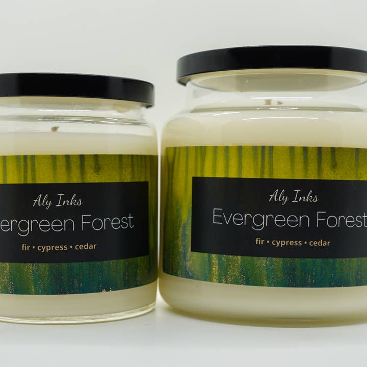Evergreen Forest (Fir, Cypress, Cedar) Scented 100% Soy Wax 9.5oz Single Wick Jar Candle | Made in the USA by Aly Inks for wholesale by Aly Inks