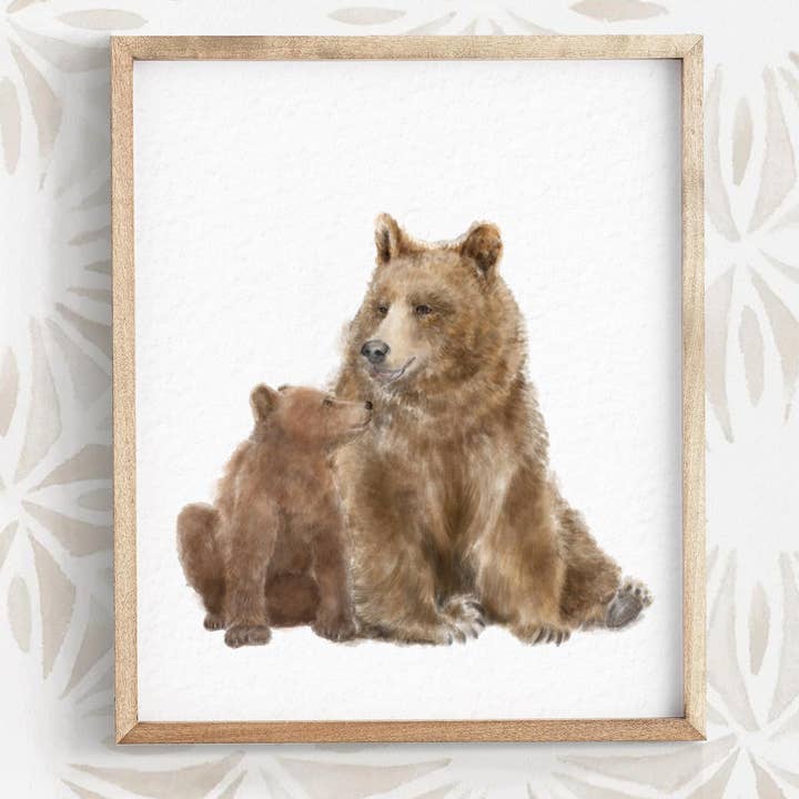 Brun babybjørn og mor børnekunsttryk for engroshandel hos Triple Studio