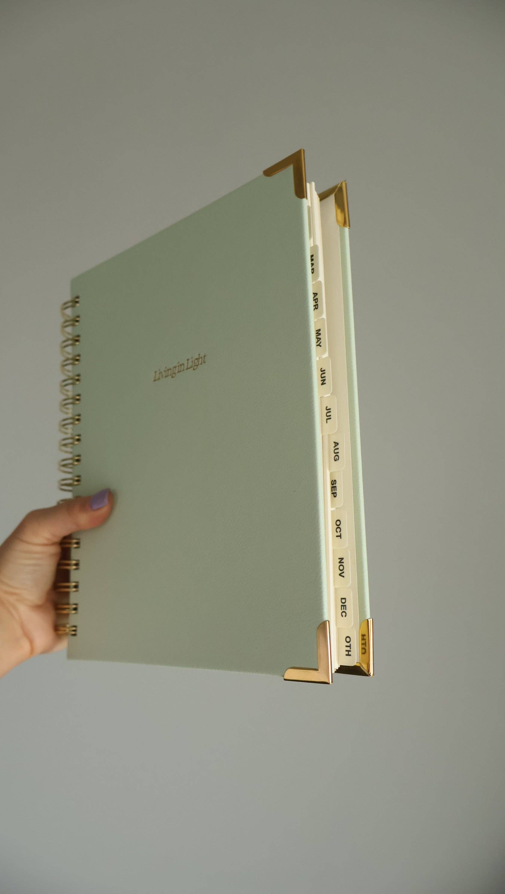 Living In Light - Venta al por mayor Agendas - Planificador Espiral de Cuero Premium - Planificador Cristiano Moderno Sin Fechar con Estudio Bíblico, Establecimiento de Metas, Solicitudes de Oración, Rastreador de Presupuesto Financiero y Más | Cuero Menta y Rosa Rubor con Espiral Dorada1