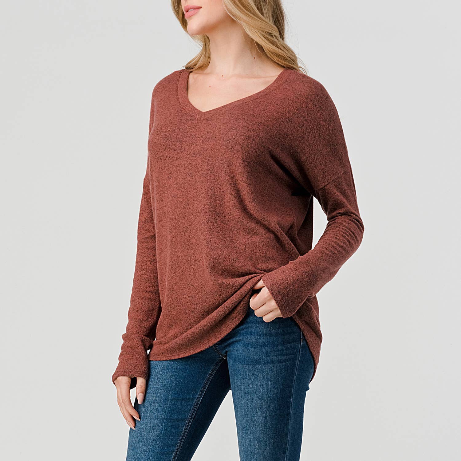 Heimious - Wholesale Knit Top - Women's - Long Sleeve V-neck Brushed Knit Top, 273858
