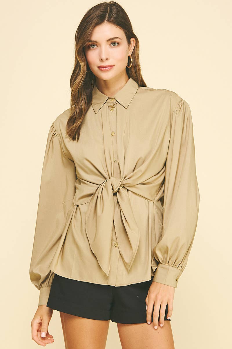 PINCH - Wholesale Button Down Shirt - Women's - FRONT TIE DETAILED BUTTON DOWN SHIRT - 6524T1