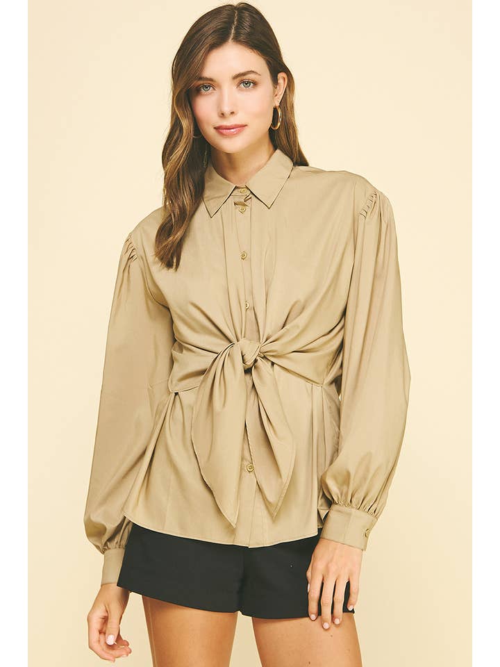 PINCH - Wholesale Button Down Shirt - Women's - FRONT TIE DETAILED BUTTON DOWN SHIRT - 6524T1