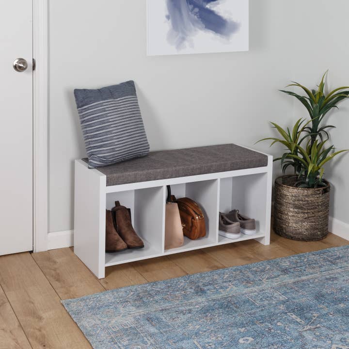 Honey-Can-Do - Wholesale Bench - White/Gray 3-Cubby Organizer Bench with Shoe Storage