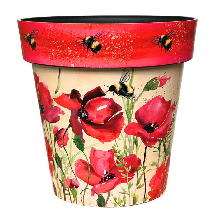 22cm Zest Pot - Poppies & Bees for wholesale by CREEKWOOD GARDEN AND GIFT LTD