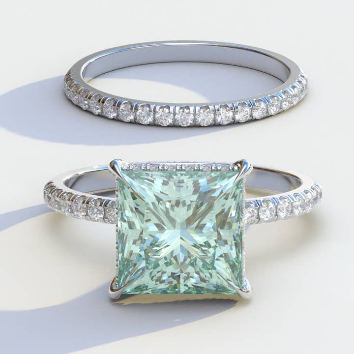 Ensemble de bagues en diamant de 3 carats, taille princesse verte, halo caché et pavé - Florere pour la vente par Mohana Jewels - Luxury