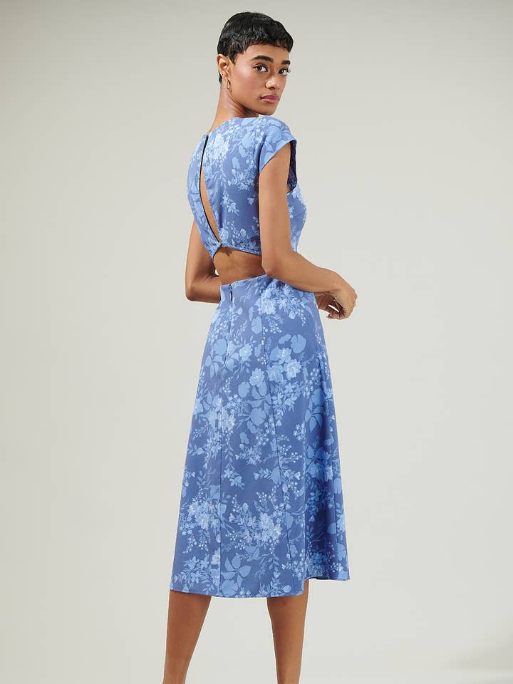 TONAL BLUE MULTI Borage Floral Everbloom Cutout Midi Dress for wholesale on Faire0