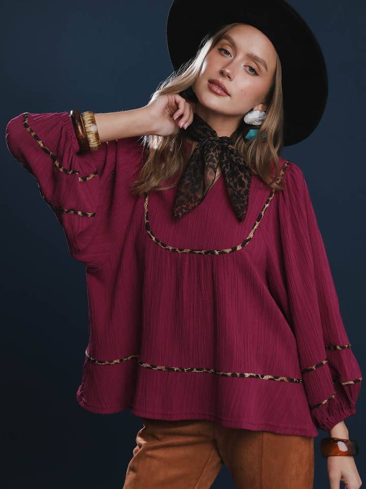 Texture Fabric Blouse with Animal Print for wholesale by Pink Irene Wholesale