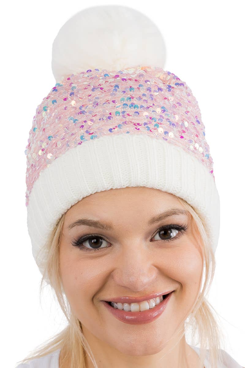 Cap Zone - Vente Bonnet – femme - Bonnet à pompon en tricot à paillettes métalliques Beazzled18