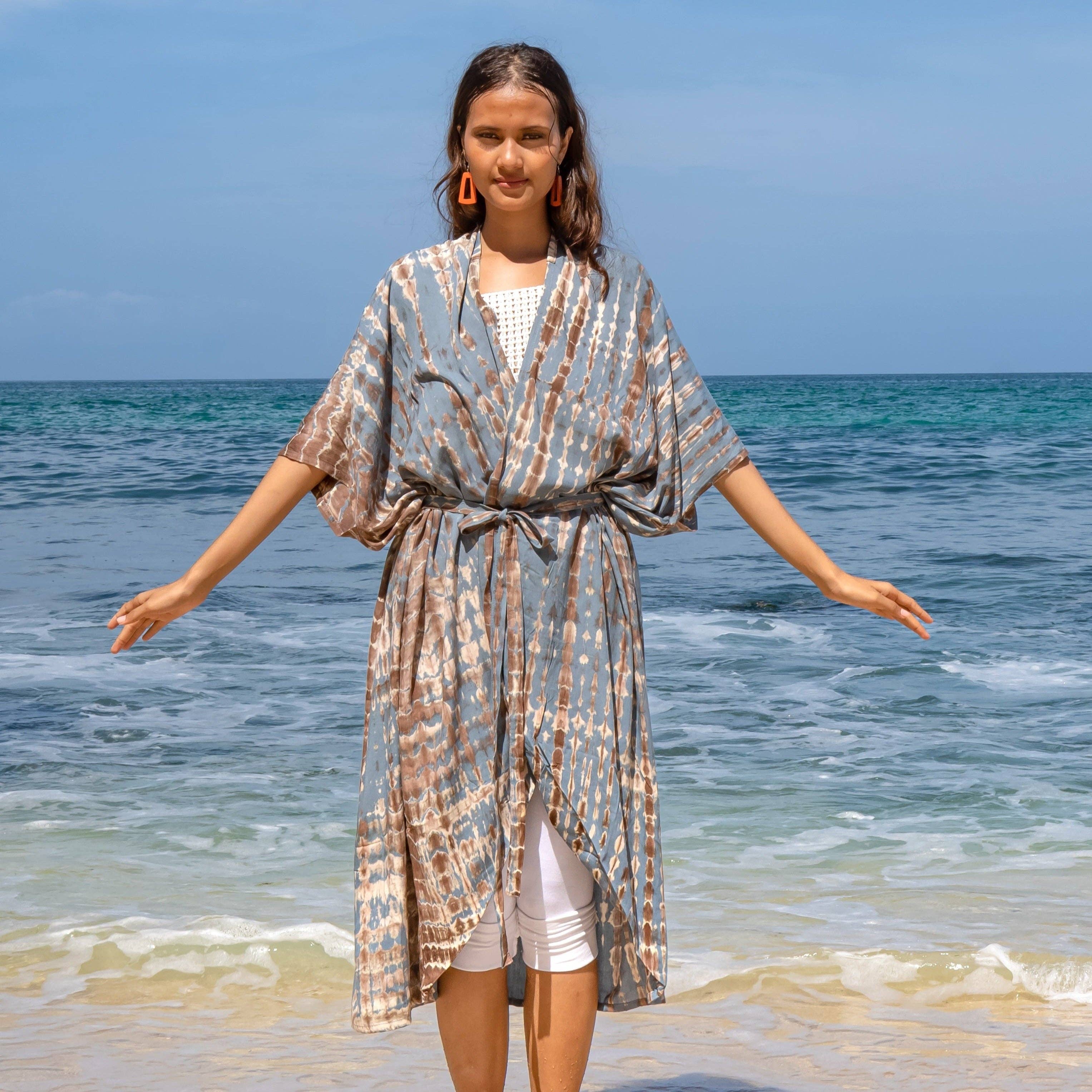 Suzie Blue Canada - Wholesale Kimono - Women's - Long Kimono In Tan & Grey Tie Dye1