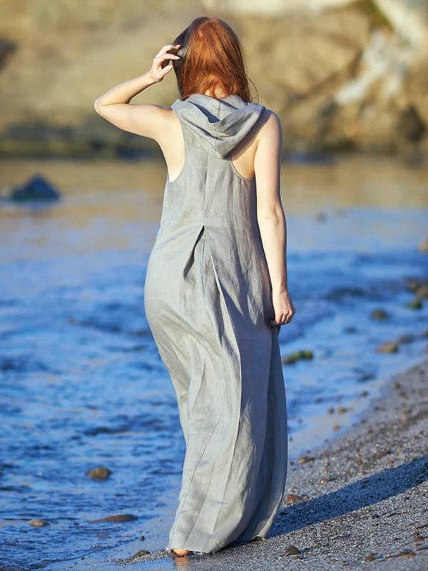 GRIJS Originele losse grijze maxi-jurk met capuchon voor groothandel op Faire4