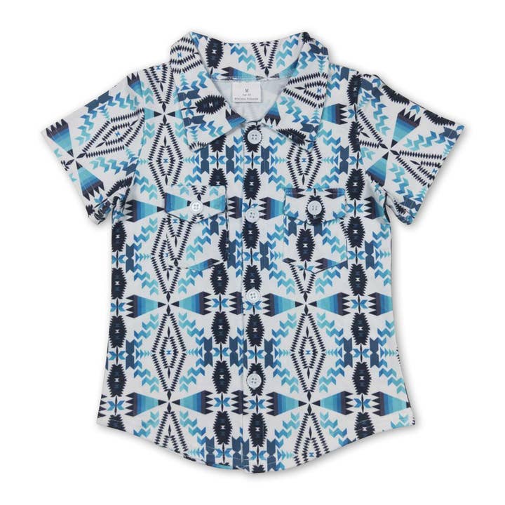 Turquoise white aztec baby boy western button up shirt for wholesale by Yawoo Garments
