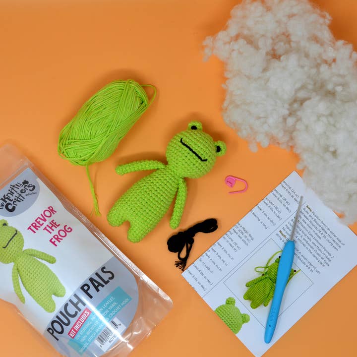 Knitty Critters - Pouch Pals - Trevor The Frog Crochet Kit for wholesale by Creative World of Crafts