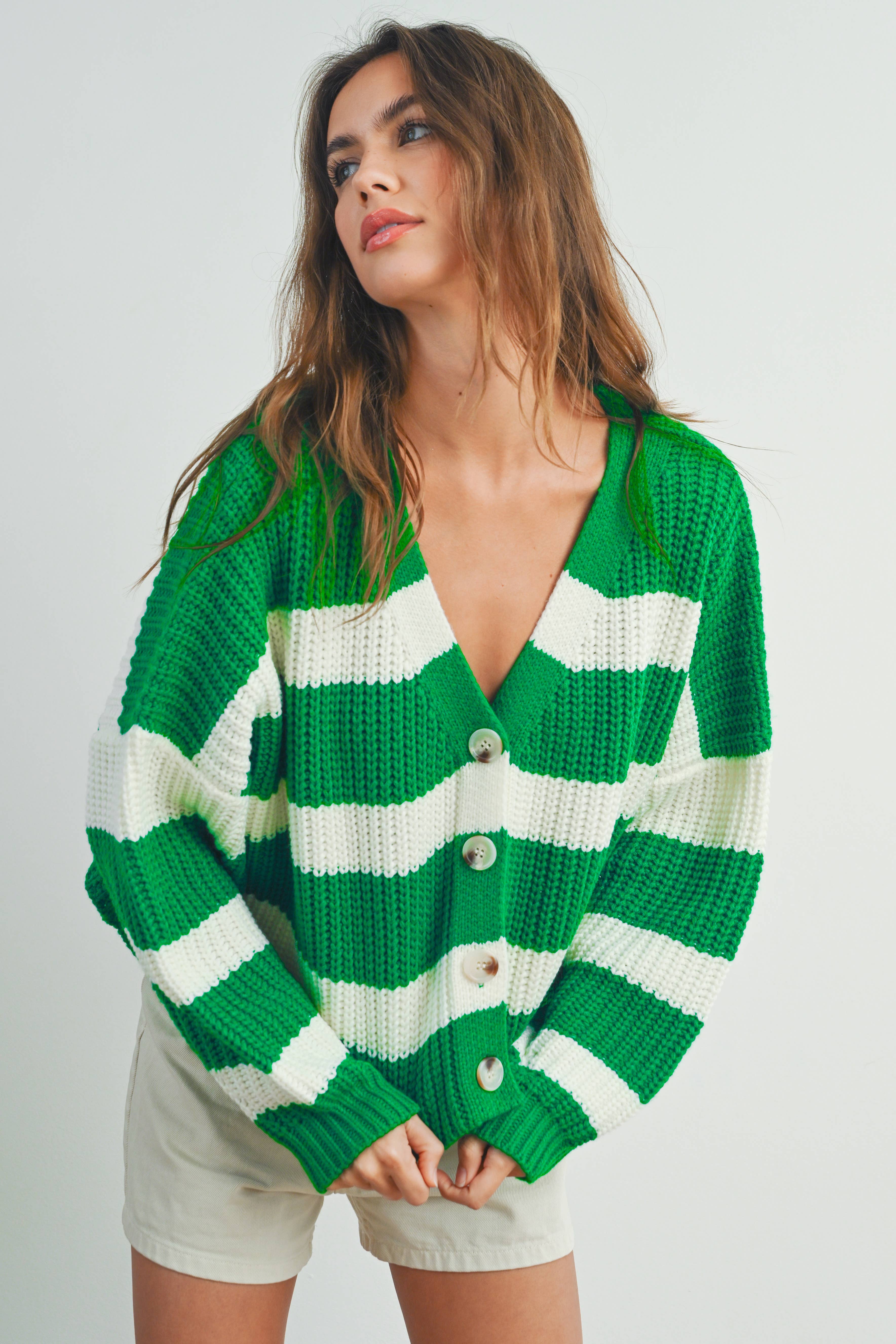 BUTTERMELON – wholesale Cardigan – Women’s – Striped V-Neck Cardigan with Buttons - BMC733120