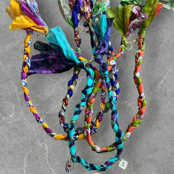 Freely Cece LLC - Wholesale Pendant/Charm Necklace - Braided Silk Saree Charm Necklace Bandana ScarfÂ