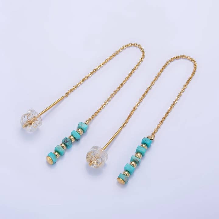16K Gold Filled Turquoise Gemstone Cable Chain Threader Earrings | P017 for wholesale by Aim Eternal