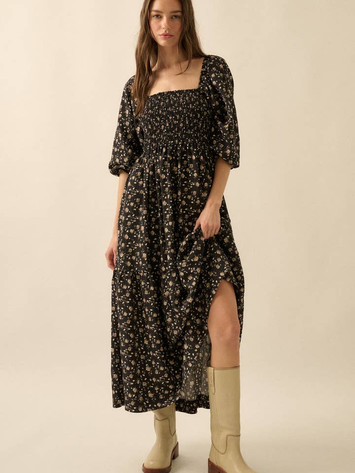 Floral Smocked Three-Quarter Sleeve Midi Dress for wholesale by Promesa USA