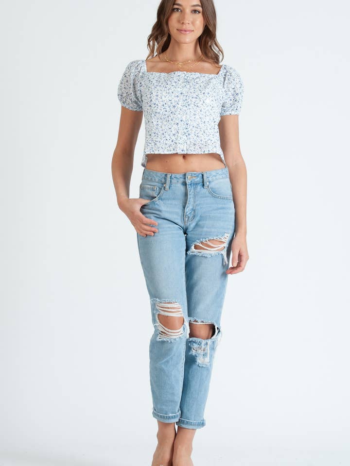 Cotton Ditzy Floral Button Down Puff Sleeve Top-White Floral for wholesale by Lucca Couture