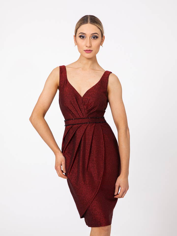 Draped burgundy cocktail dress R8238 for wholesale by Lautinel