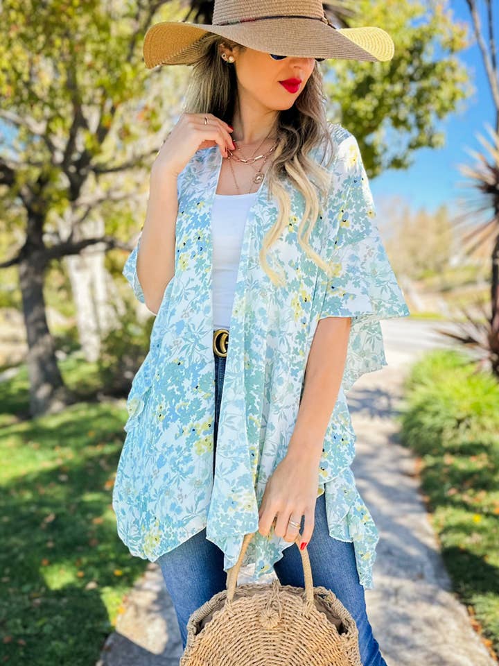 Sage Floral Printed Ruffle Sleeve Kimono Cover Up for wholesale on Faire