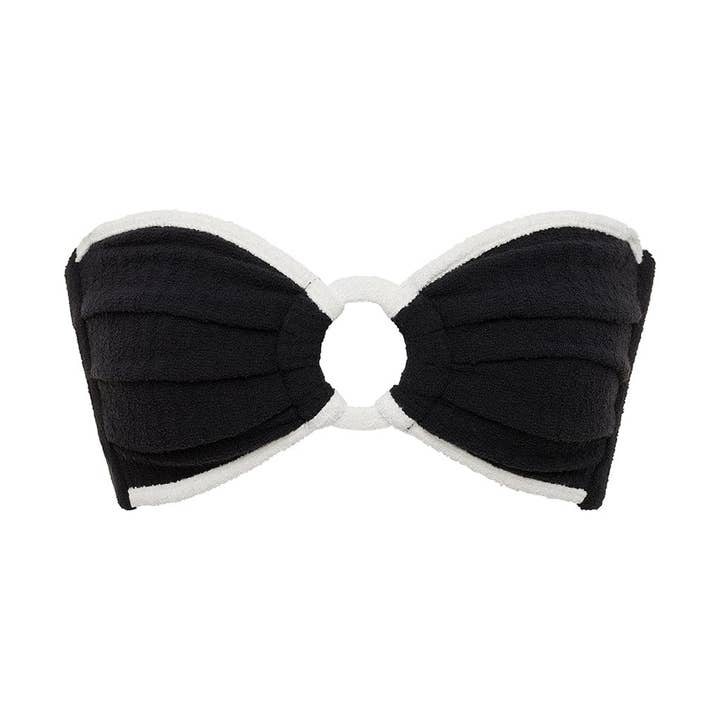 Top bikini a fascia Tori Ties nero (rilegato in crema) in spugna per la vendita all'ingrosso da parte di Montce