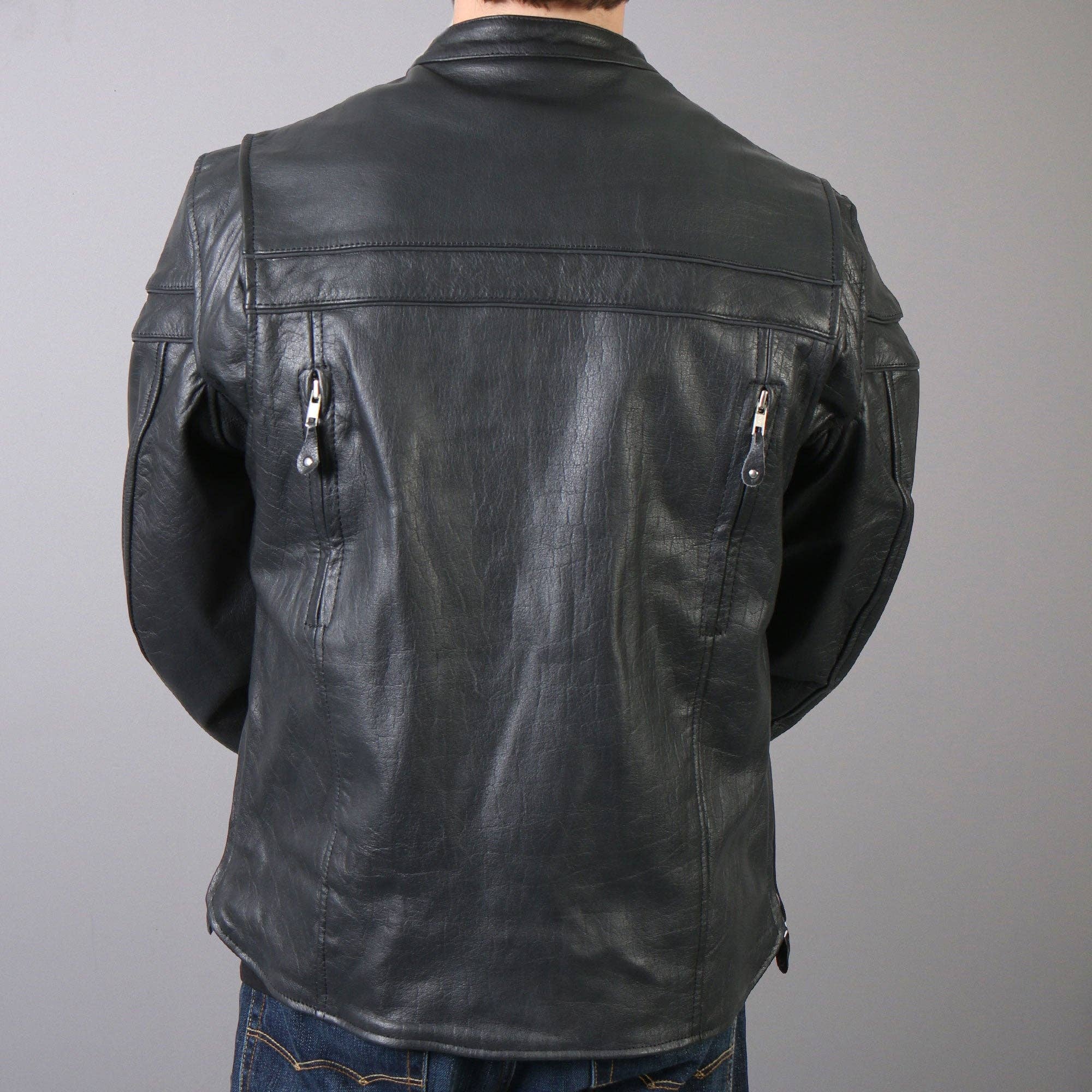 BLK Hot Leathers JKM1011 Men's Black Leather Vented Motorcycle Racer Jacket with Double Piping for wholesale on Faire1