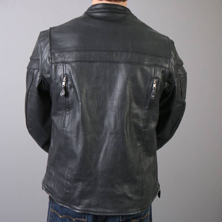BLK Hot Leathers JKM1011 Men's Black Leather Vented Motorcycle Racer Jacket with Double Piping for wholesale on Faire1