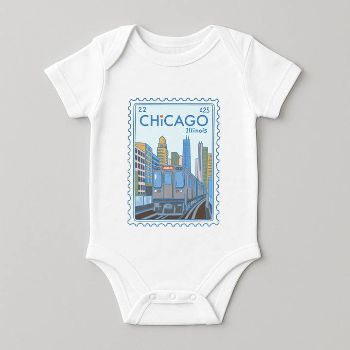 Chicago Stamp Onesie & Tee for wholesale by Loves Me Publishing