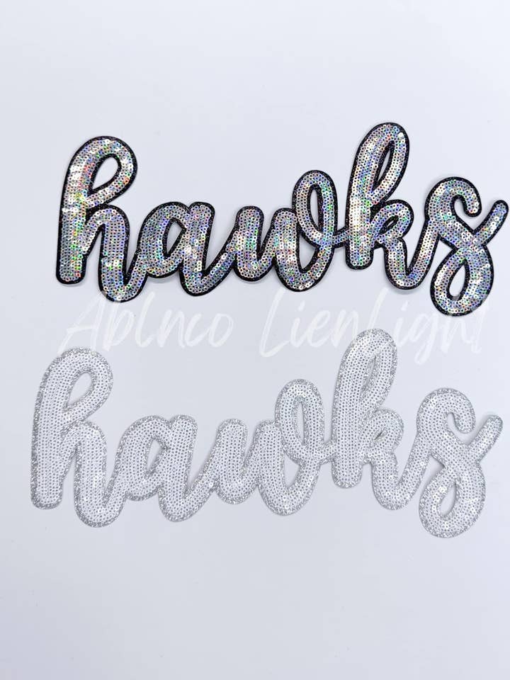 Hawks Cursive Letter Mascot Gameday Sequins Patch for wholesale by ABLNco