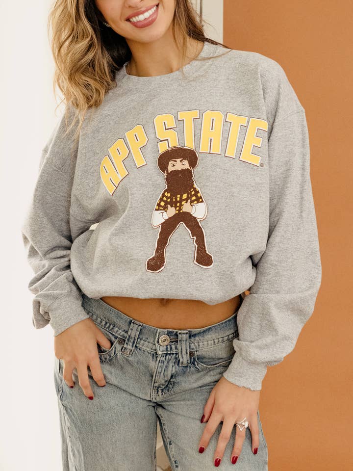App State Cartoon Mascot Puff Gray Thrifted Sweatshirt for wholesale by LivyLu