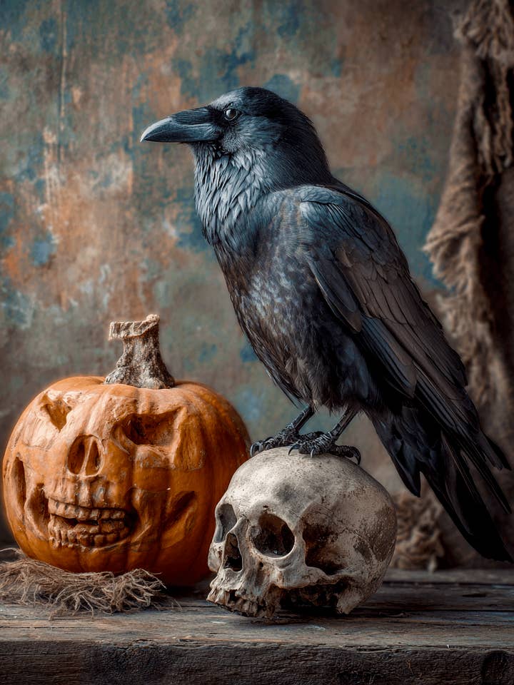 Crow, Skull, & Scary Pumpkin Still-Life Halloween Art Print - 8"x10" Artwork for wholesale by Mowbi